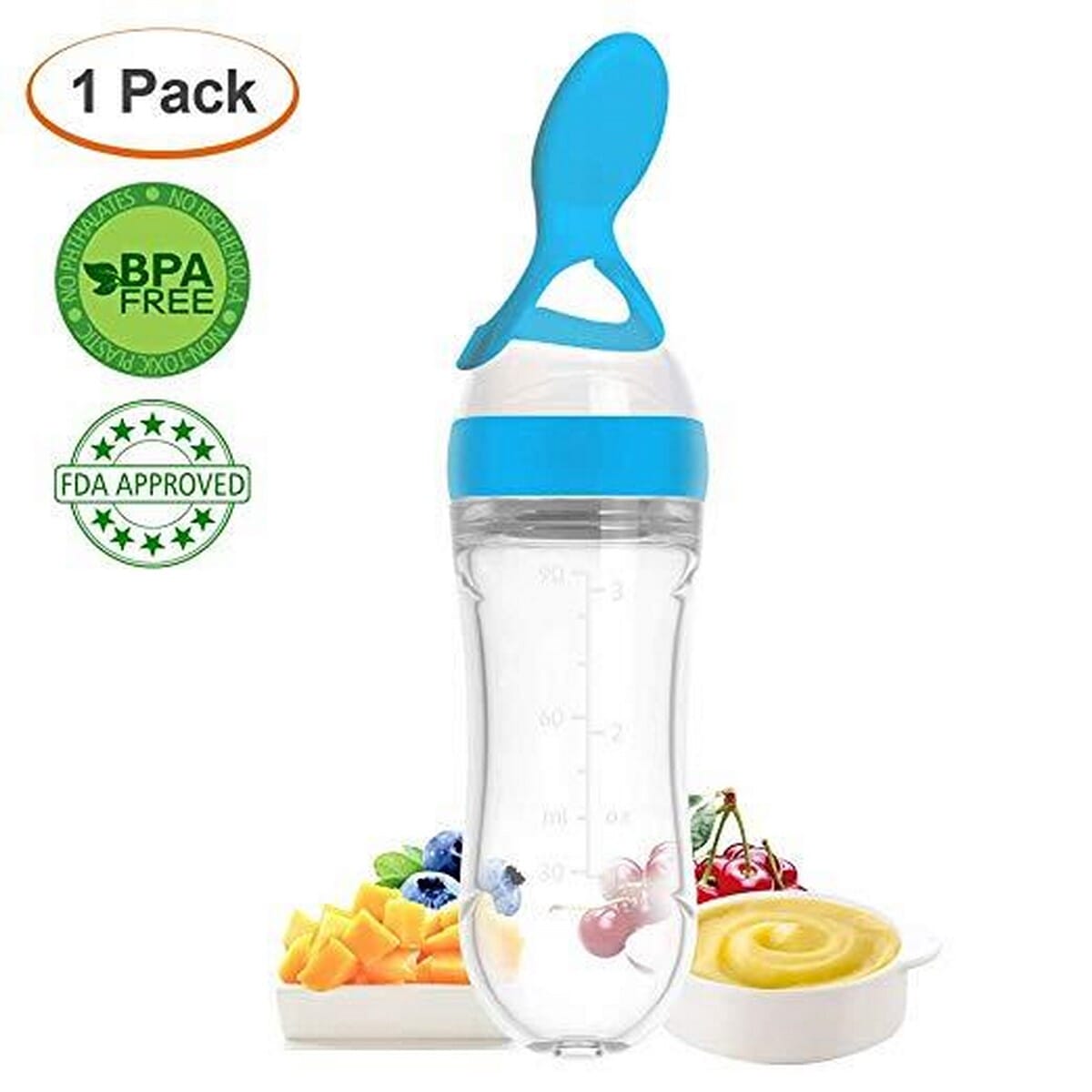 Silicone baby squeeze feeding bottle store with spoon