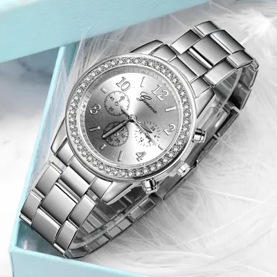 Geneva diamond discount stainless steel watch