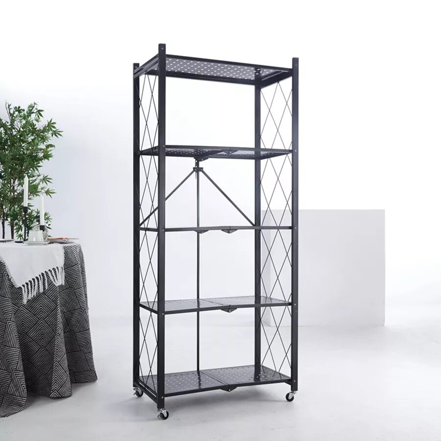 5 Tier Storage Rack Heavy Duty Foldable Metal Rack Storage Shelving Unit with Wheels Moving Easily Organizer Shelves Great for Garage Kitchen Holds up to 1250 lbs Capacity, Black