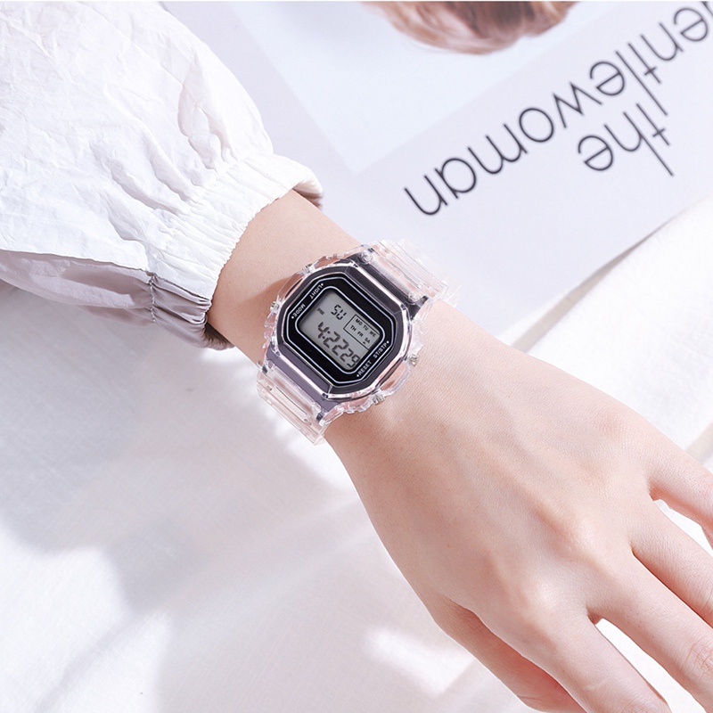【BestGO】Fashion Men Women Square Watches Gold Casual Transparent Digital Sport Watch Lover's Gift Clock Children Kid's Wristwatch Female Clock Purple Gold 5 Colors Optional. 