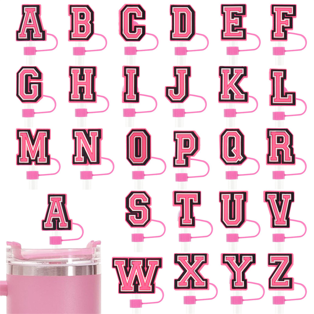 Pvc Material Straw Topper Stanley Cup Compatible Pink Abcd Design Silicone Cover Letter Shaped Cup Accessory for Outdoor Drinks