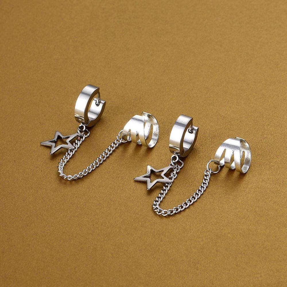 【WEJA】hikaw for women earings for women earrings earrings korean style Women Ear StudsFashion Earrings Hollow Star Men Ear Buckles Chain Stainless Steel Pentagram Cross Earrings Men Earrings Men Ear Clip Korean Style Earrings. 