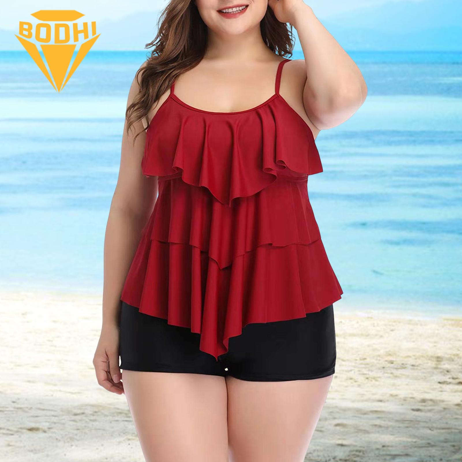 Plus Size Swimsuit Flattering Plus Size Tankini Swimsuit Set with Ruffle Flounce Top Tummy Control Shorts for Beach Vacation Available on Tummy Control Swimwear. 