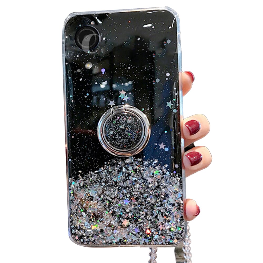 Casinglee for Samsung Galaxy A03 Core case Shiny Ring Glitter Soft Transparent Holder Stand Back cover with String for Samsung A03 Core Phone cases cover Stars Moon Girls For girls and Boys