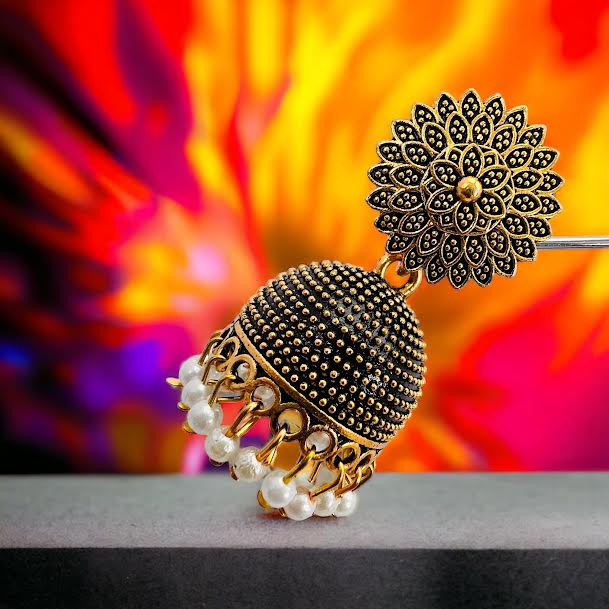 ESH Black gold flower theme Fashion Bollywood Traditional Indian beautiful jimmiki earring with white pearl beaded for women and girl. 