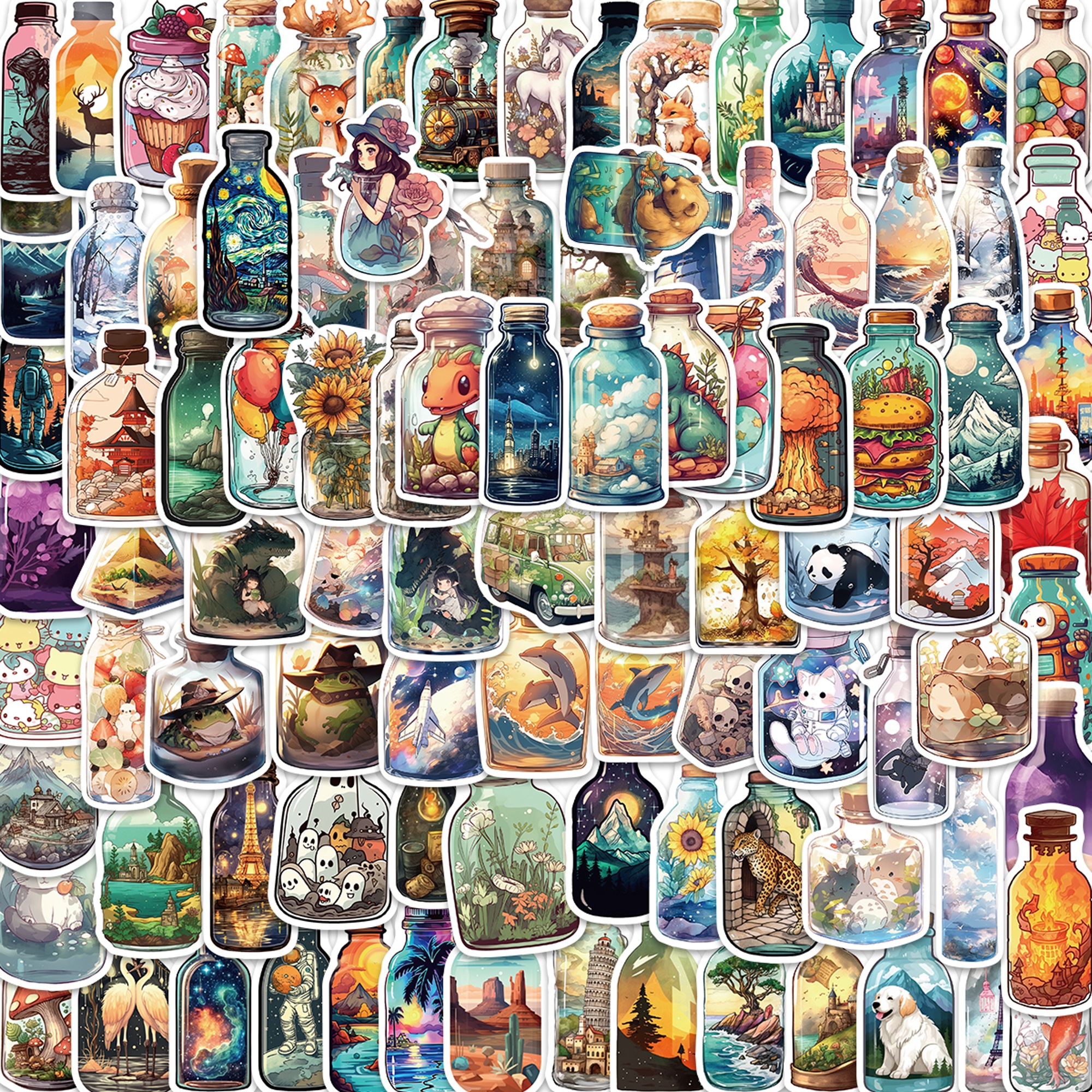 20/40pcs Bottle World Stickers Miniature Terrarium Stickers for Laptop Scrapbook Journal Kids Girls Boys Stickers
