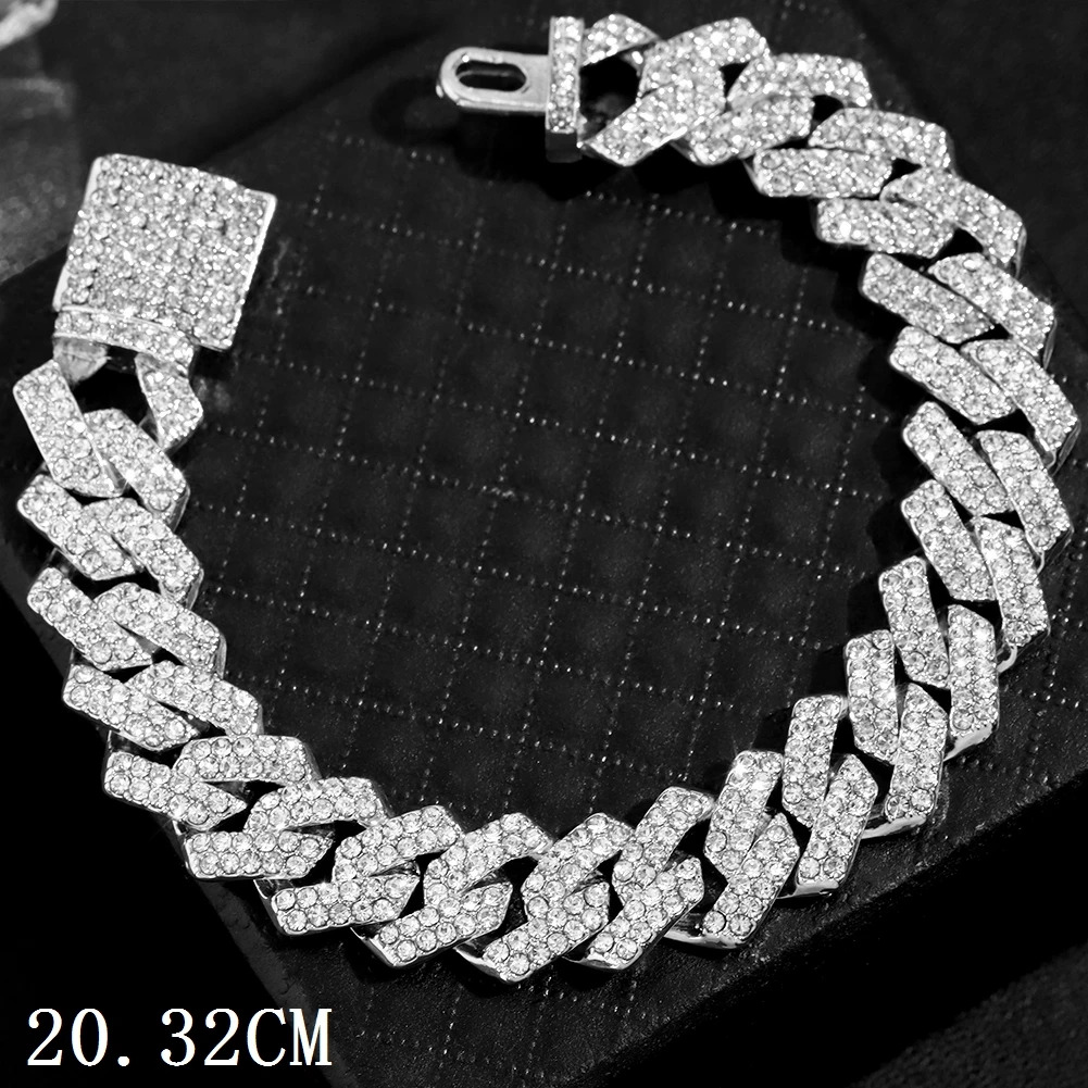 ZEBF-Fashion Bling Paved Rhinestone Prong Cuban Chain Bracelet for Women Men Hip Hop Iced Out Chunky Link Chain Bracelets New Jewelry. 