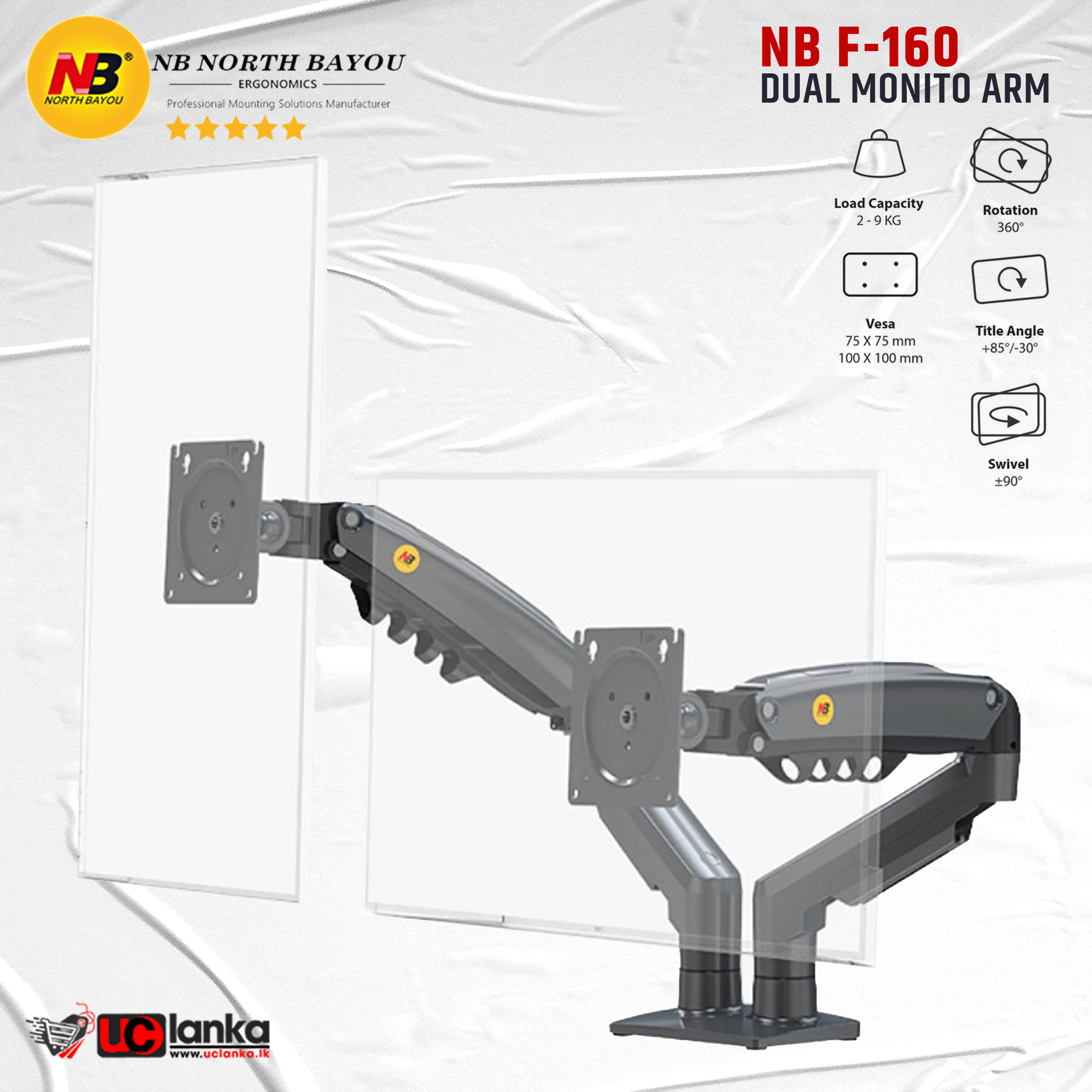 NB F160 Dual Monitor Arm Gas Spring 360 Degree Desktop 17"-30" Ergonomic Dual Arm Monitor Mount Bracket. 
