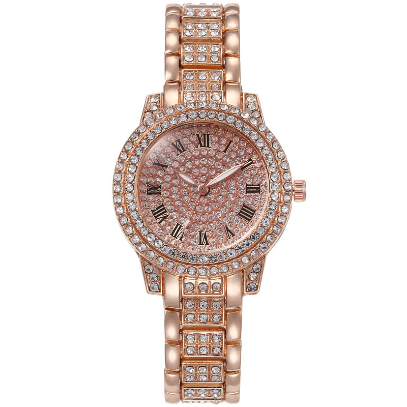 Montre à quartz Full Sky Star pour femme avec bracelet en acier entièrement diamanté et chiffres romains brillants_voghion.com