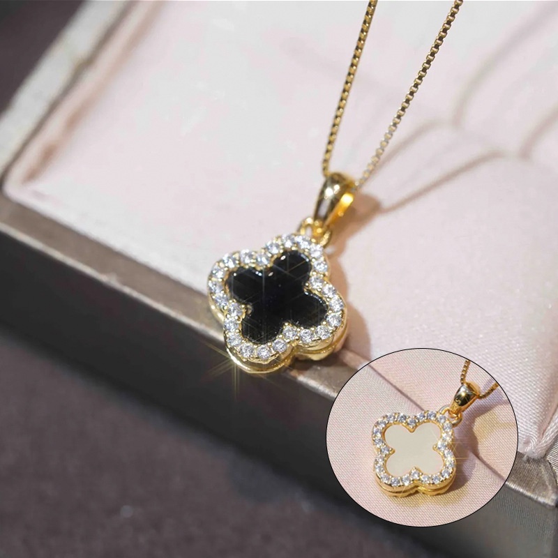 HOT Zircon Four-leaf Clover Necklace Double Sided Shell Clavicle Necklace