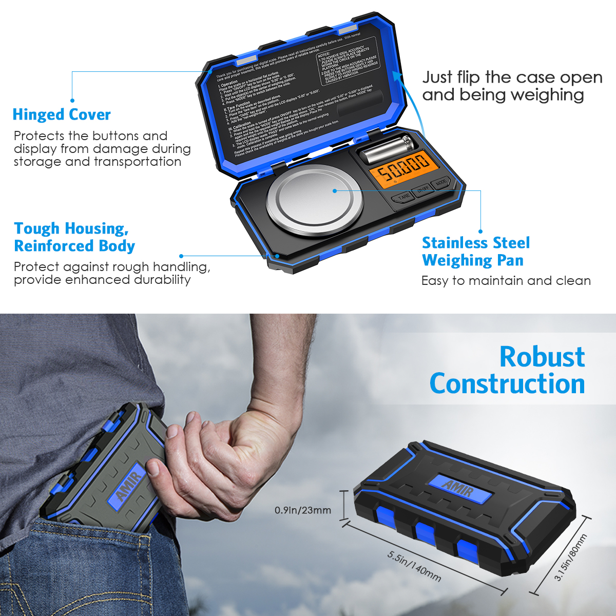 【ZOSR】Brifit 0.001g/50g Digital Pocket Scale, 0.001g Division Precision Mini Food Scales, Portable Mini Jewelry Scale with Calibration Weights, Tweezers, , Tare Function, for Jewelry, Experiment,with 50g Calibration Weight and Tweezers. 