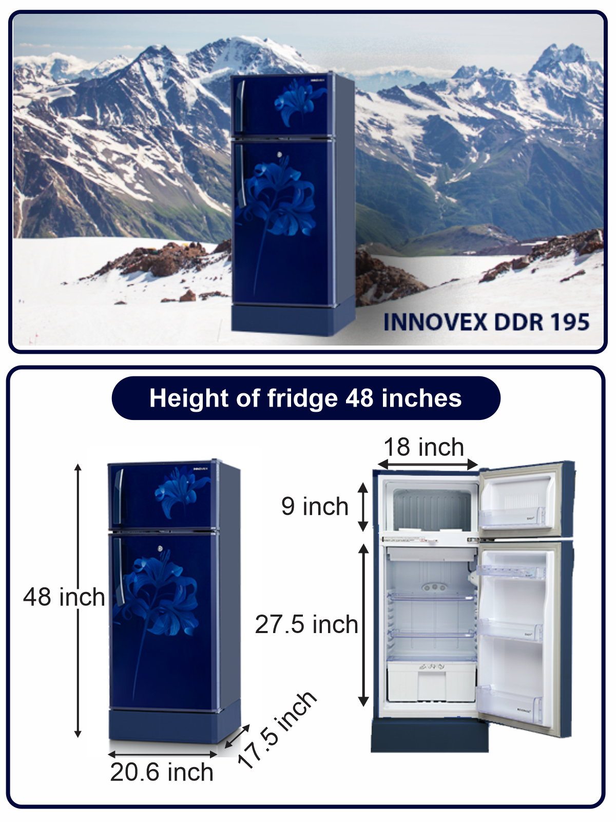 Innovex 180L Double Door Refrigerator DDR195- Blue Lilly. 