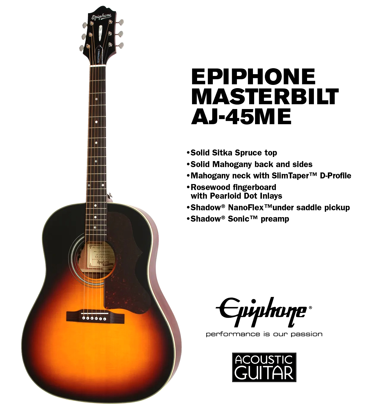 Epiphone Masterbilt AJ-45ME VSS (Full Solid Wood Acoustic Guitar). 