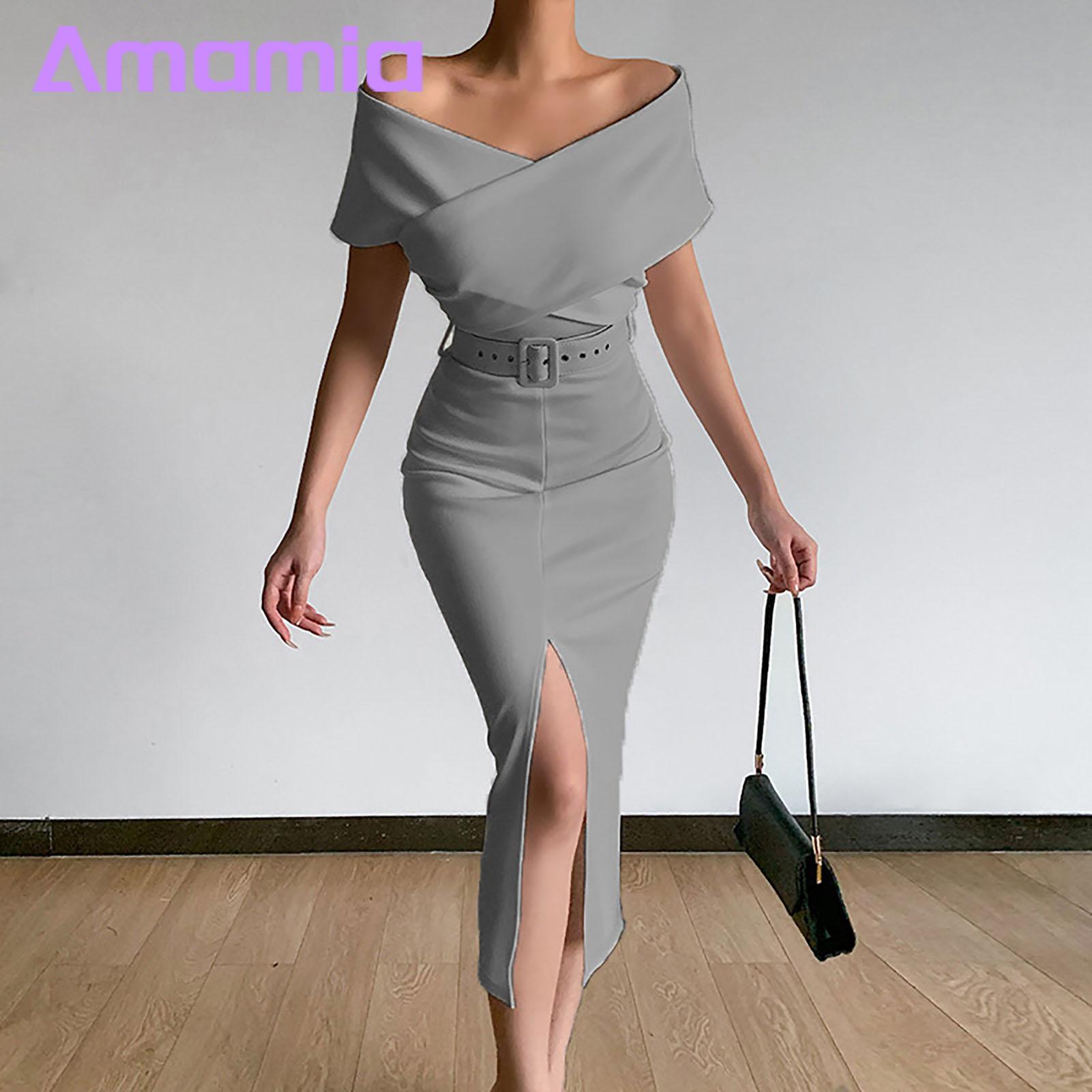 Evening Dress Solid Color Elegant Off Shoulder Front Split Bodycon Dress. 