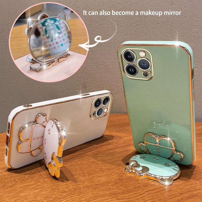For Samsung Galaxy A05 A05s A04 A04e A04s Back Cover with Cute Cat Makeup Mirror Stand Bracket Luxury 6D Plating Shiny Bling Case Square Edge Soft Silicone Mobile Phone Cases Pouch Girls. 