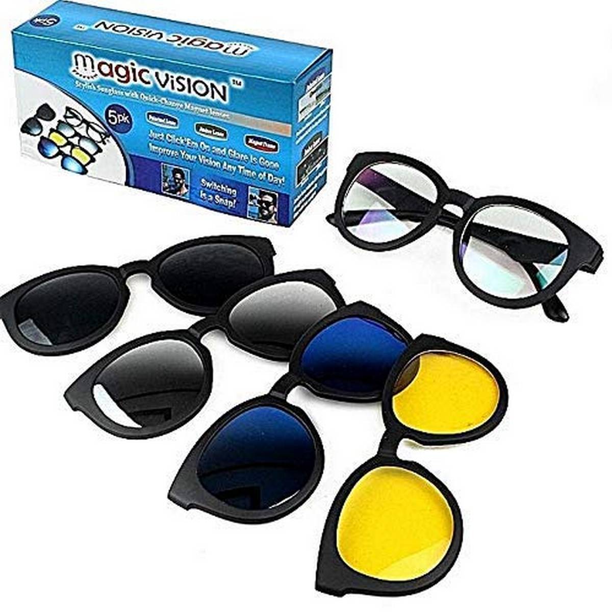 Magic Vision Stylish Sunglass With Quick-change Magnet Lenses 5 Different Colors/5 in 1 Magic Vision HD glasses Changeable Magnet Clip On Sunglasses