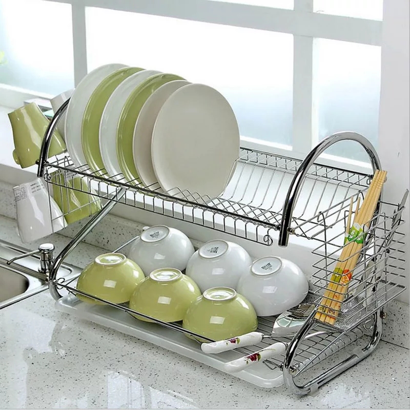 Dish Rack Cup Plate Drainer Strainer Stainless Steel Kitchen Drainer with Glass Holder - Silver Large Dish Drying Rack Cup Drainer 2-Tier Strainer Holder Tray Stainless Steel Kitchen Accessories. 