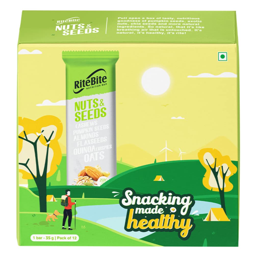 RiteBite Max Protein Nuts & Seeds Low Calorie Vegan Granola Snack Bar with Flax Seeds, Pumpkin Seeds 420g - Pack of 12 (FROM INDIA) SAB