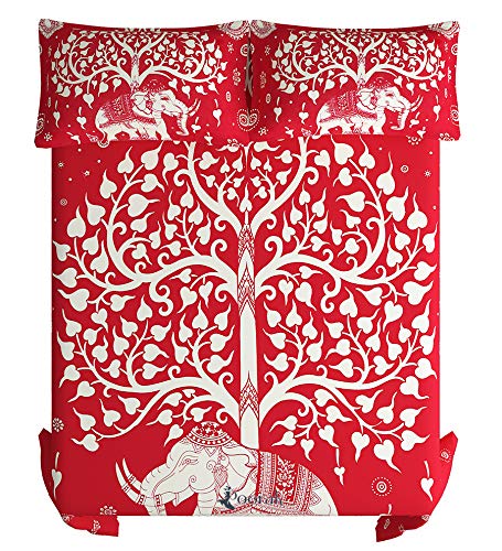 Mysa Fashions Designer Cotton Double Bedsheet with 2 Pillow Covers in Elephant Print - Red and White Bed Sheet. 