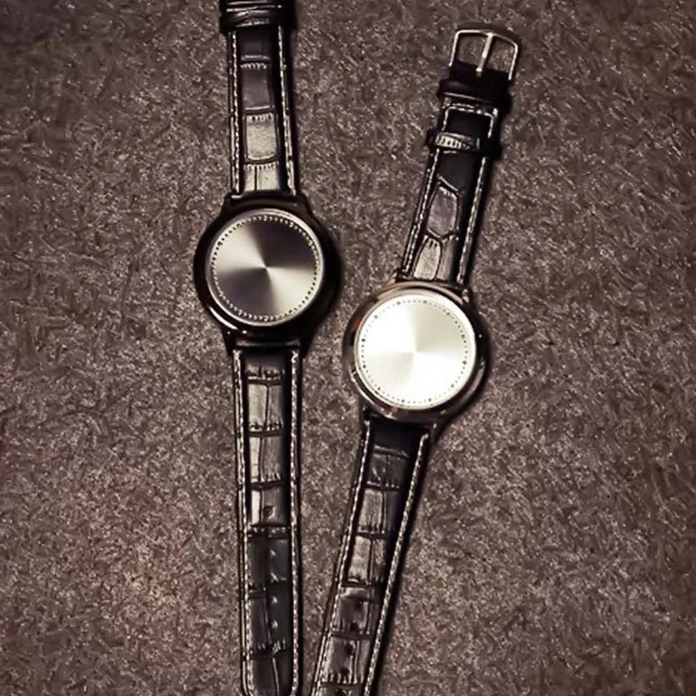 Fashion Men LED Tou-ch Control Round Dial Faux Leather Band Quartz Wrist Wa Ladies Dress Watches Gift Luxury. 