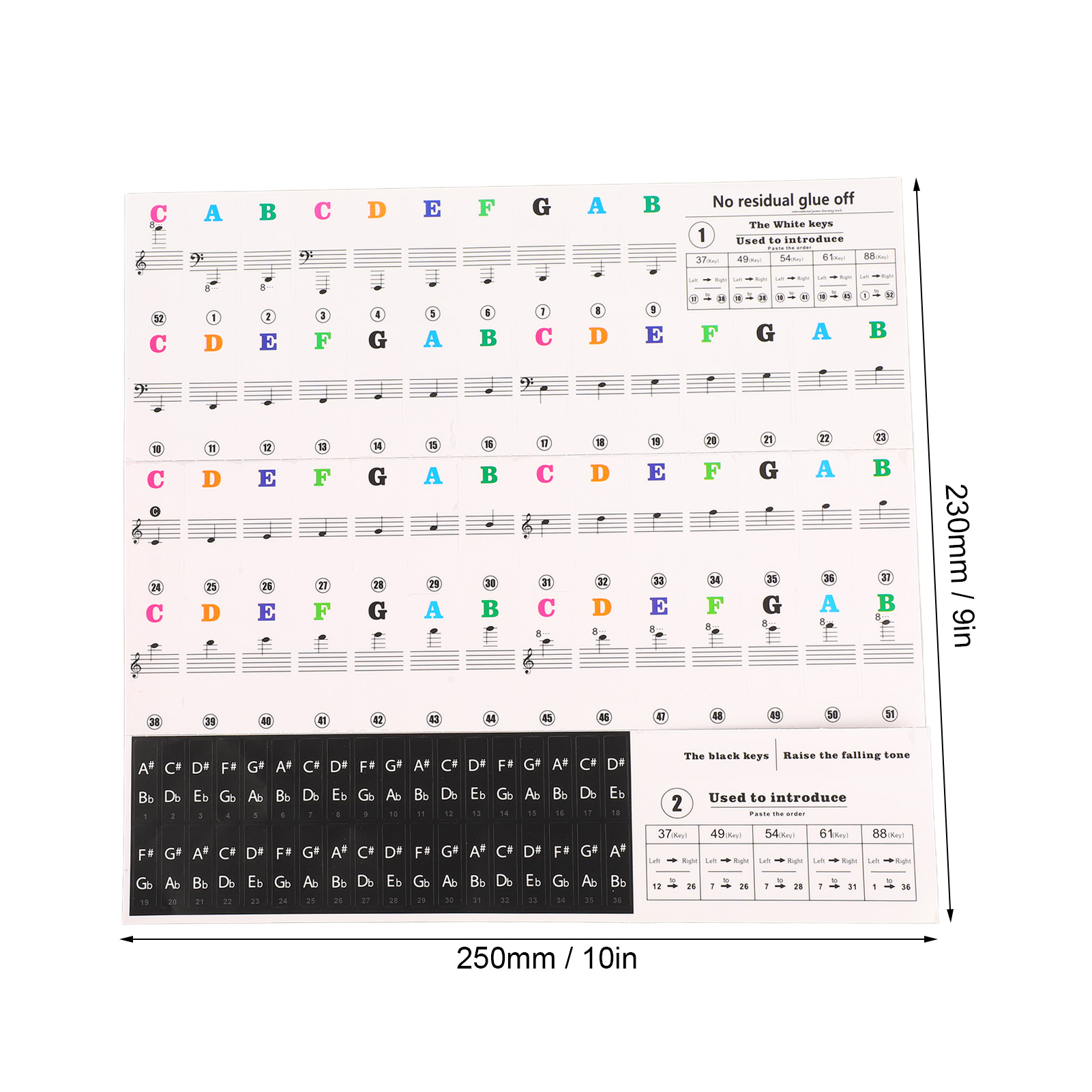 Piano Beginner Sticker Colorful Transparent Removable Large Letter Reusable Piano Keyboard Sticker for 49/54/61/88 Key Keyboards. 