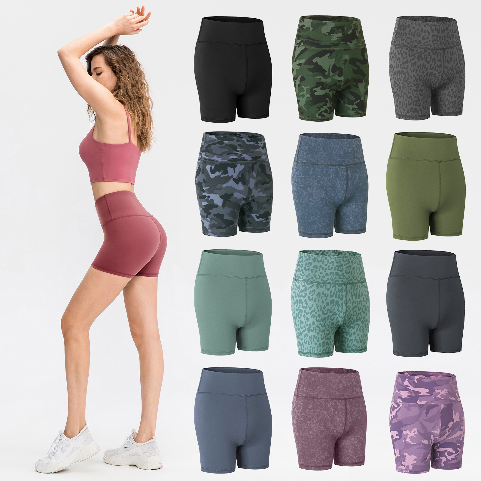 【DIV MALL】Army Green & Medium Women Shorts  Shorts Solid Color Camouflage Print High Waist Running Fitness Sportswear