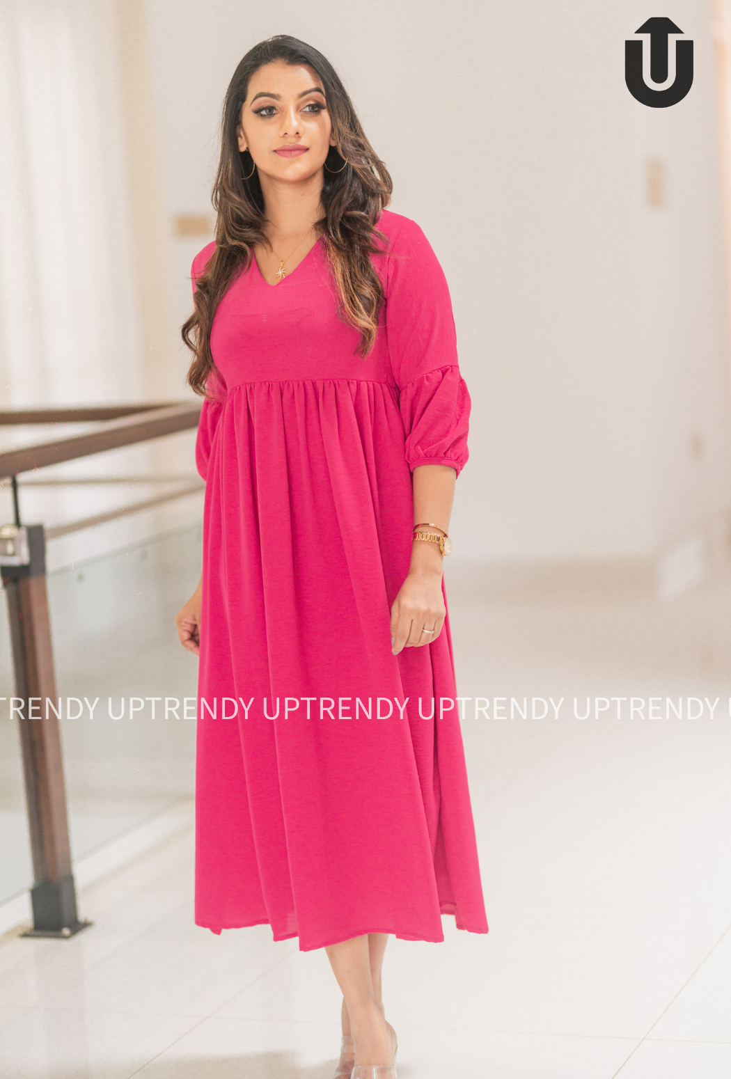 UpTrendy Hot pink Long Sleeves Long cotton frock Dresses for women Dress with side pockets Daraz.lk