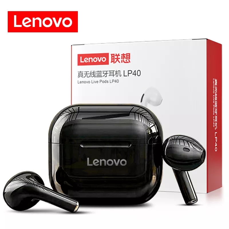 Lenovo LP40 Black Wireless Earbuds TWS Live Pods Bluetooth 5.0 Stereo Bass Earphone Touch Control with Mic. 