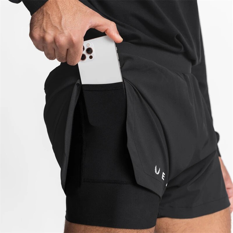New Summer Men's Shorts 2-In-1 Double-Layer Shorts Quick-Drying Breathable Stretch Fitness Pants Jogger Gym Running Shorts. 