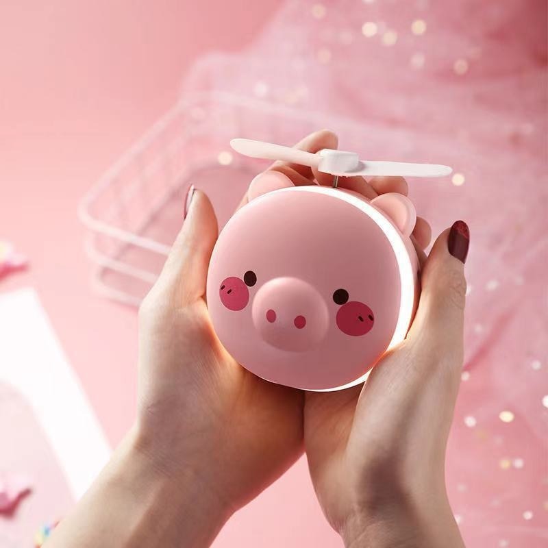Cute Pig Mini Fan Handheld Portable Pocket Outdoor Creative Makeup Mirror with LED Light USB Charging