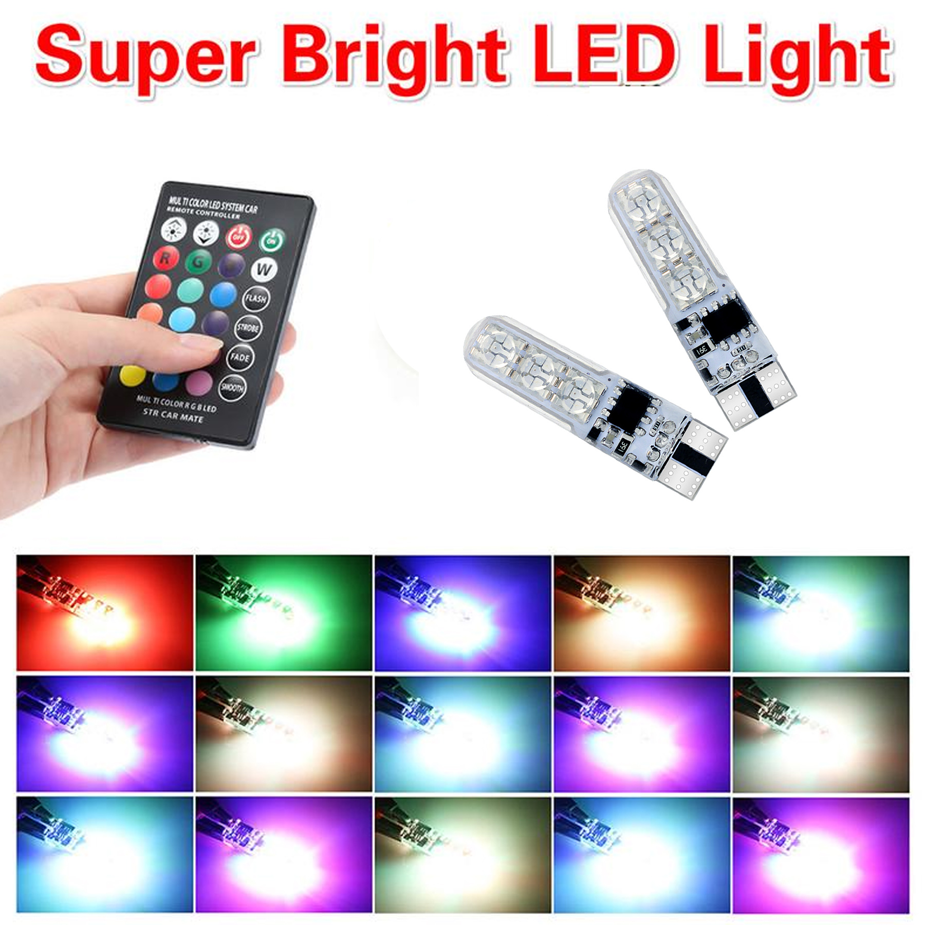RGB T10 Colorful 12V Parking LED Multi-mode Color Changing COB Burst Flashing Wedge Auto Light Car Interior Decorative Lights with Remort Control. 