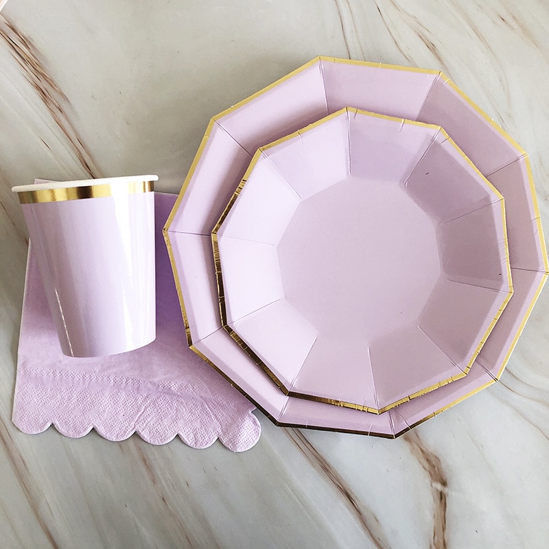 paper plates Gold Disposable Tableware Sets Purple Party Paper Cup Plates baby Shower Birthday Party Supplies Carnival Wedding decor FavorsParty Tableware. 