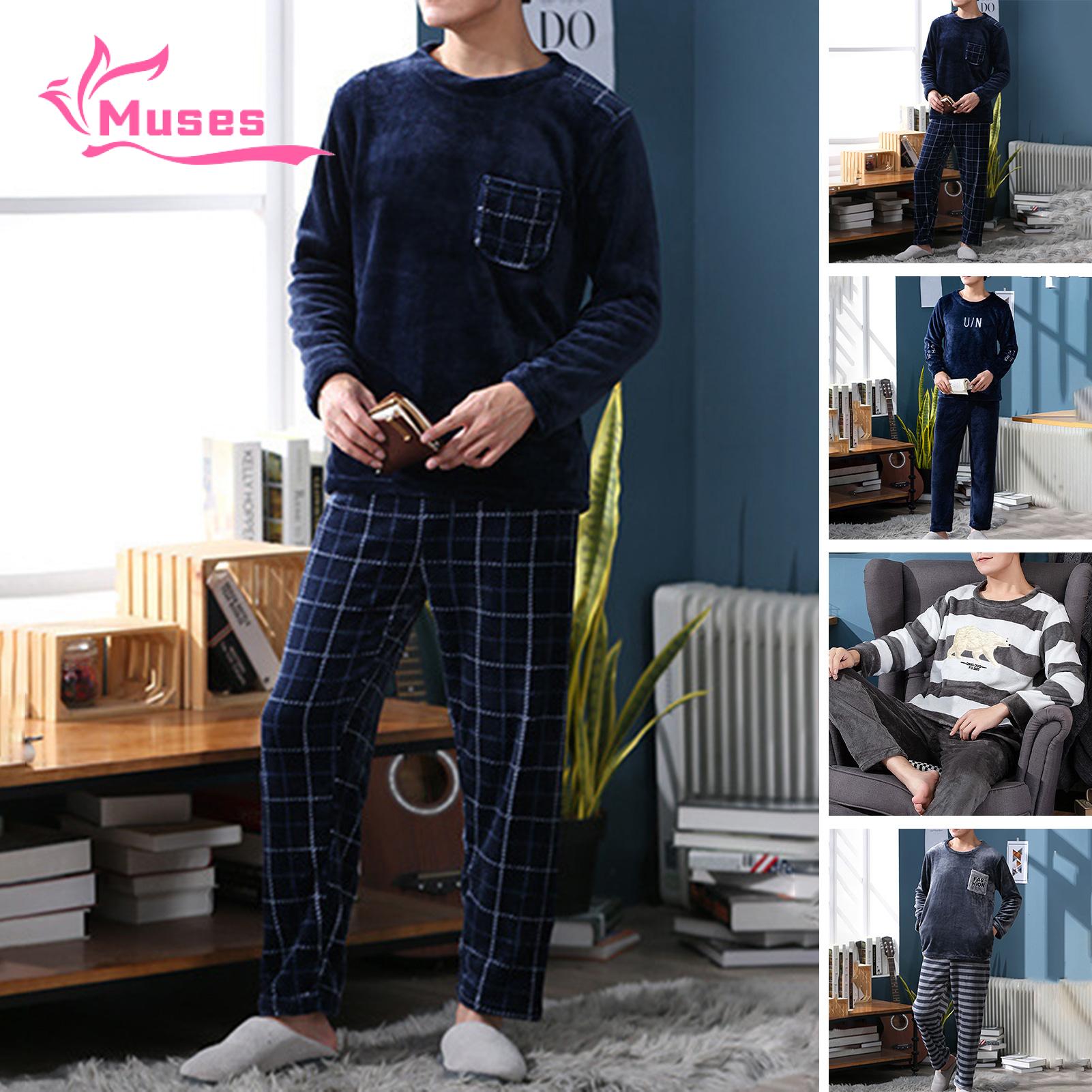 Muses Mall Plus Size Pajama Set Cozy Men's Winter Pajama Set Soft Warm Round Neck Long Sleeve Top with Elastic Waist Pants 2 Pcs/set Elastic Waist Pajama Pants