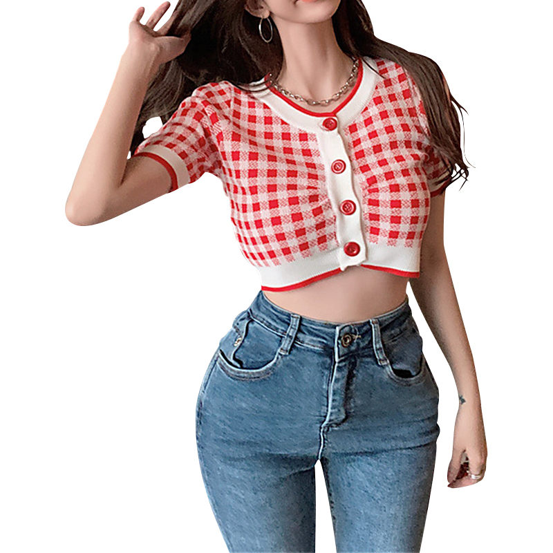 Women's Plaid Print Crop Tops, Sexy 