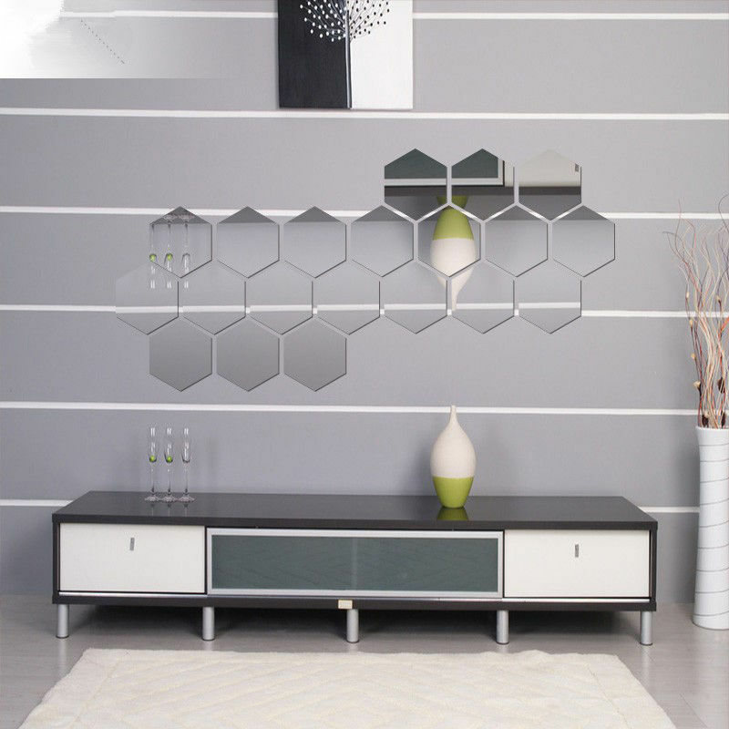 【BestGO】12pcs 3D Mirror Hexagon  Sticker Dinding Model Vinyl Removable Wall Sticker Decal Home Living Room Decor. 