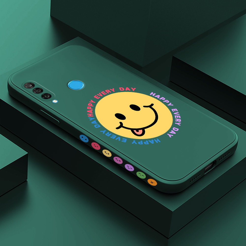 Hontinga for Huawei P30 Lite Case Side Design Cartoon Smile Emoticon Back Cover Soft Square Edge Pattern Liquid Silicone Phone Cases. 