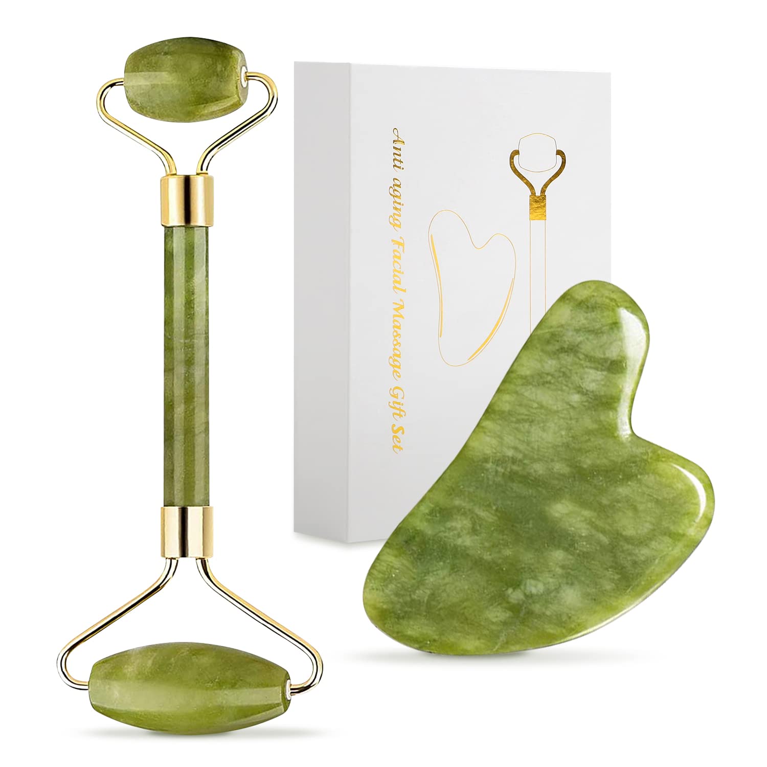 Gua Sha and Jade Roller Gift Set Green Gua Sha Facial Massage Tool for Face Neck and Eye Treatment Korean Facial Roller for Skin Care Routine