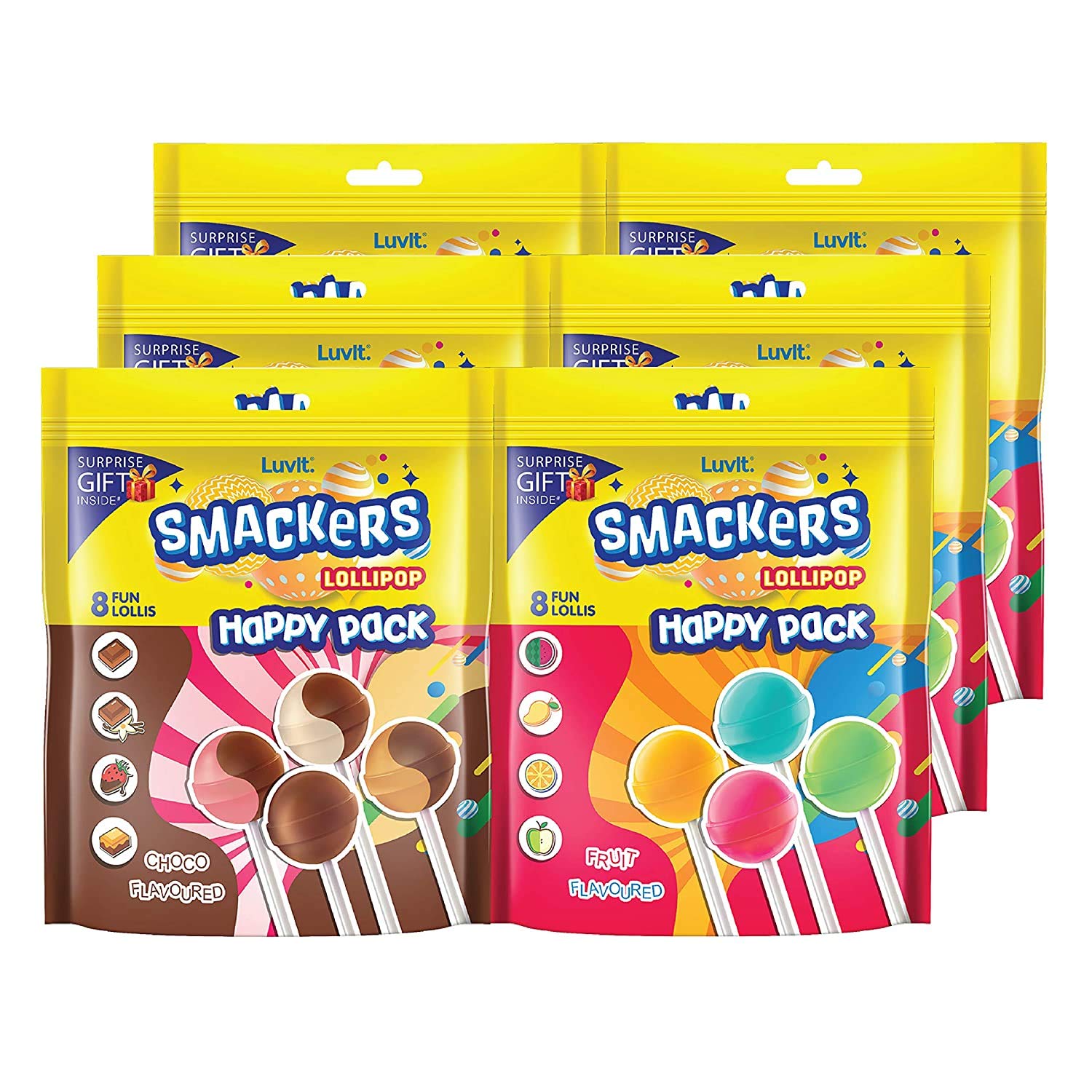 LuvIt. Smackers Chocolate and Fruit Flavoured Lollipops | Combo Pack - 48 Lollipops | Pack of 6-96g Each (FROM INDIA) SAB
