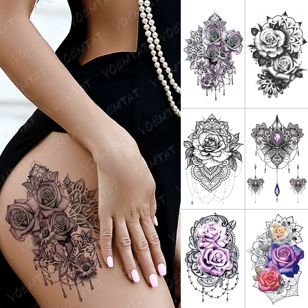 Purple Rose Jewelry Water Transfer Tattoo Stickers Women Body Chest Art Temporary Tattoo Girl Waist Bracelet Flash Tatoos Flower. 