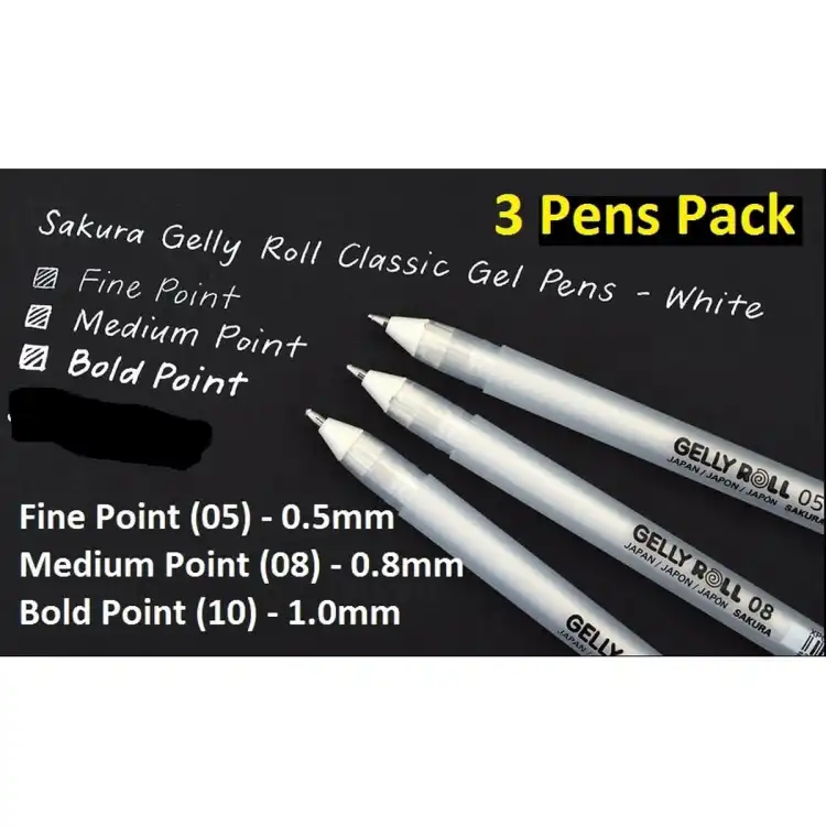 Japan Sakura Gelly Rolls pen Set with 3 tip sizes (0.5mm, 0.8mm & 1.0mm)  (Set of 3 pens) - White Gelly Roll Pens