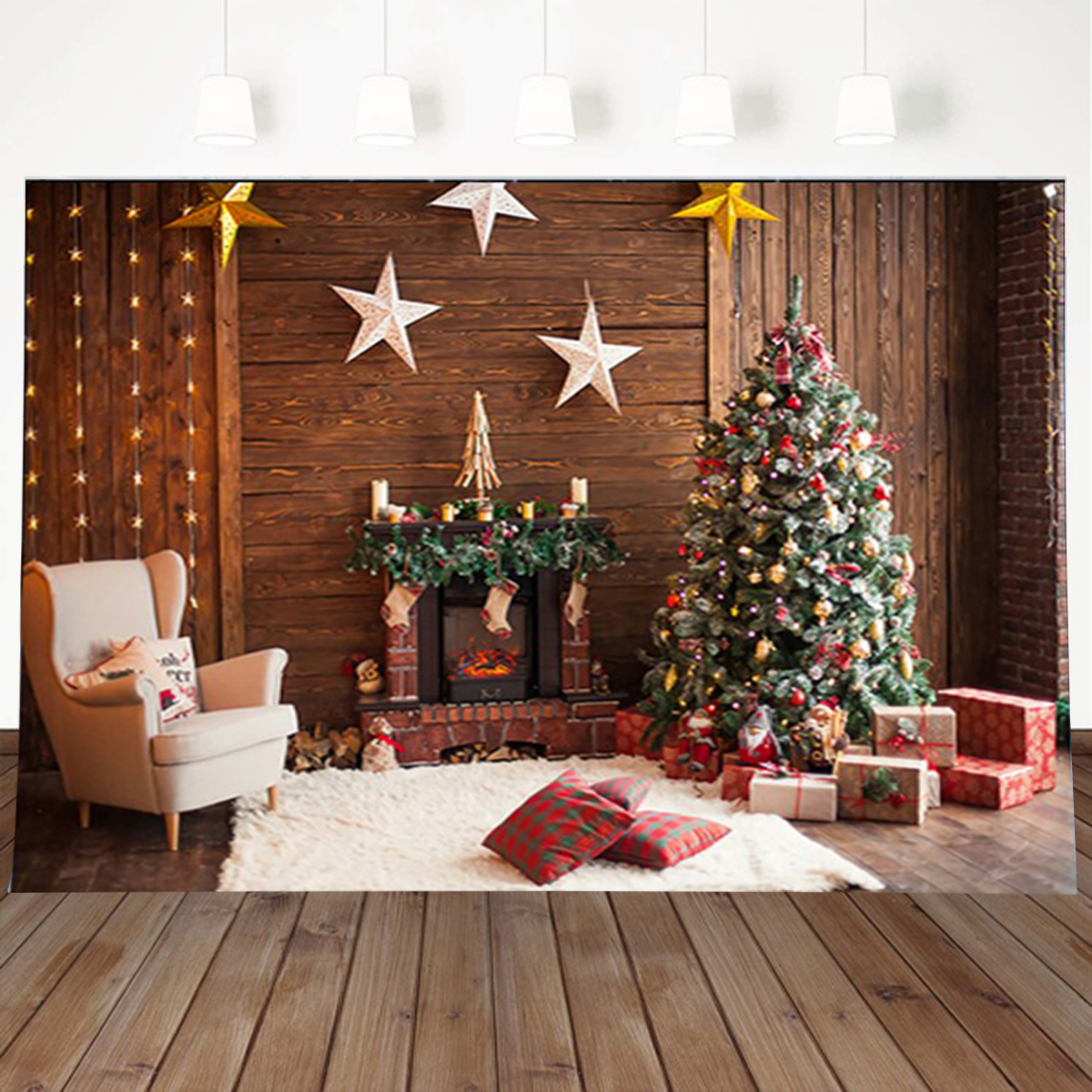 5x3//7x5ft Christmas Fireplace Tree Photography Backdrops Studio Photo Background