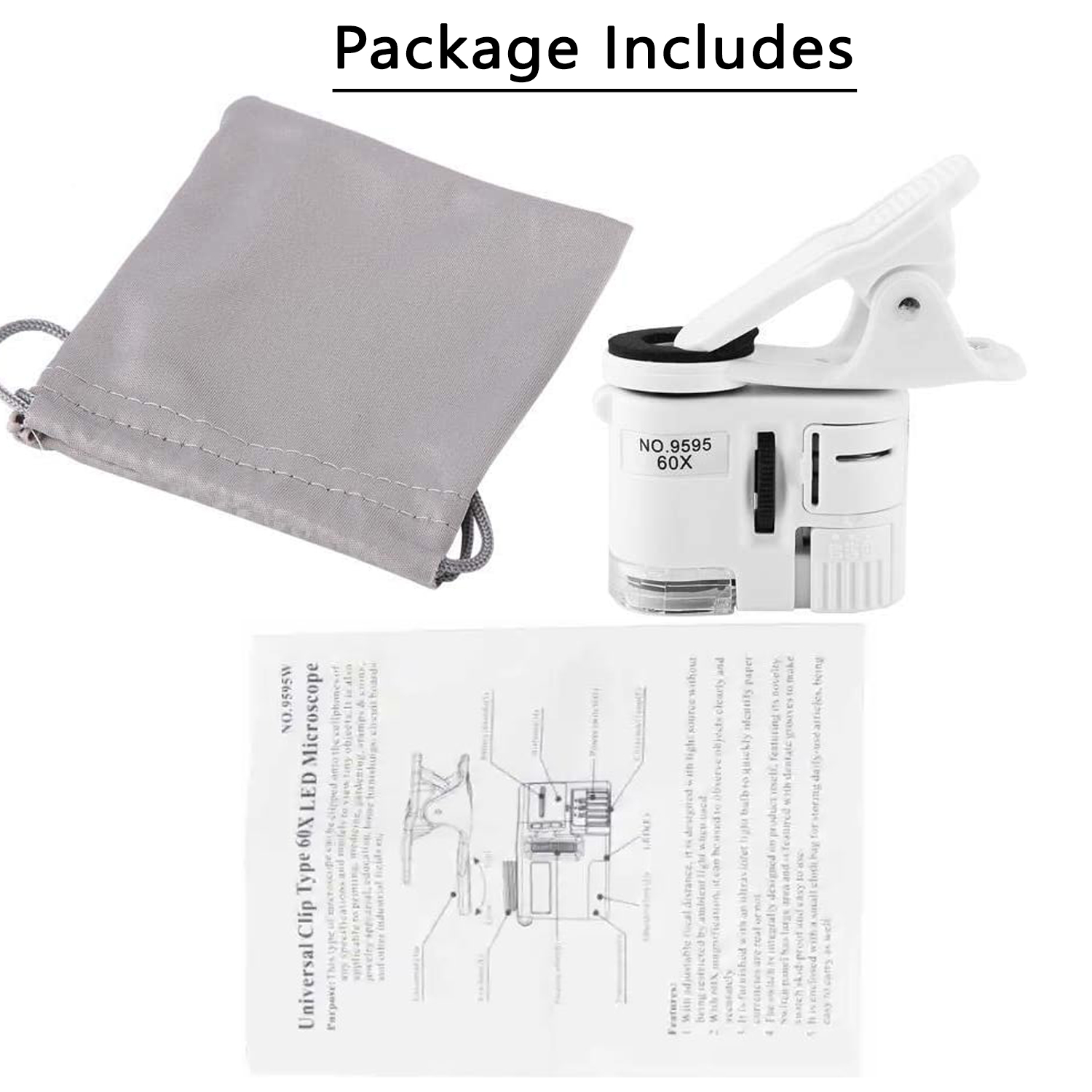 Universal Mobile Magnifying Glass Macro Lens Zoom Camera Clip 60X Digital Microscope Camera for Cell Phone with LED Light Phone. 