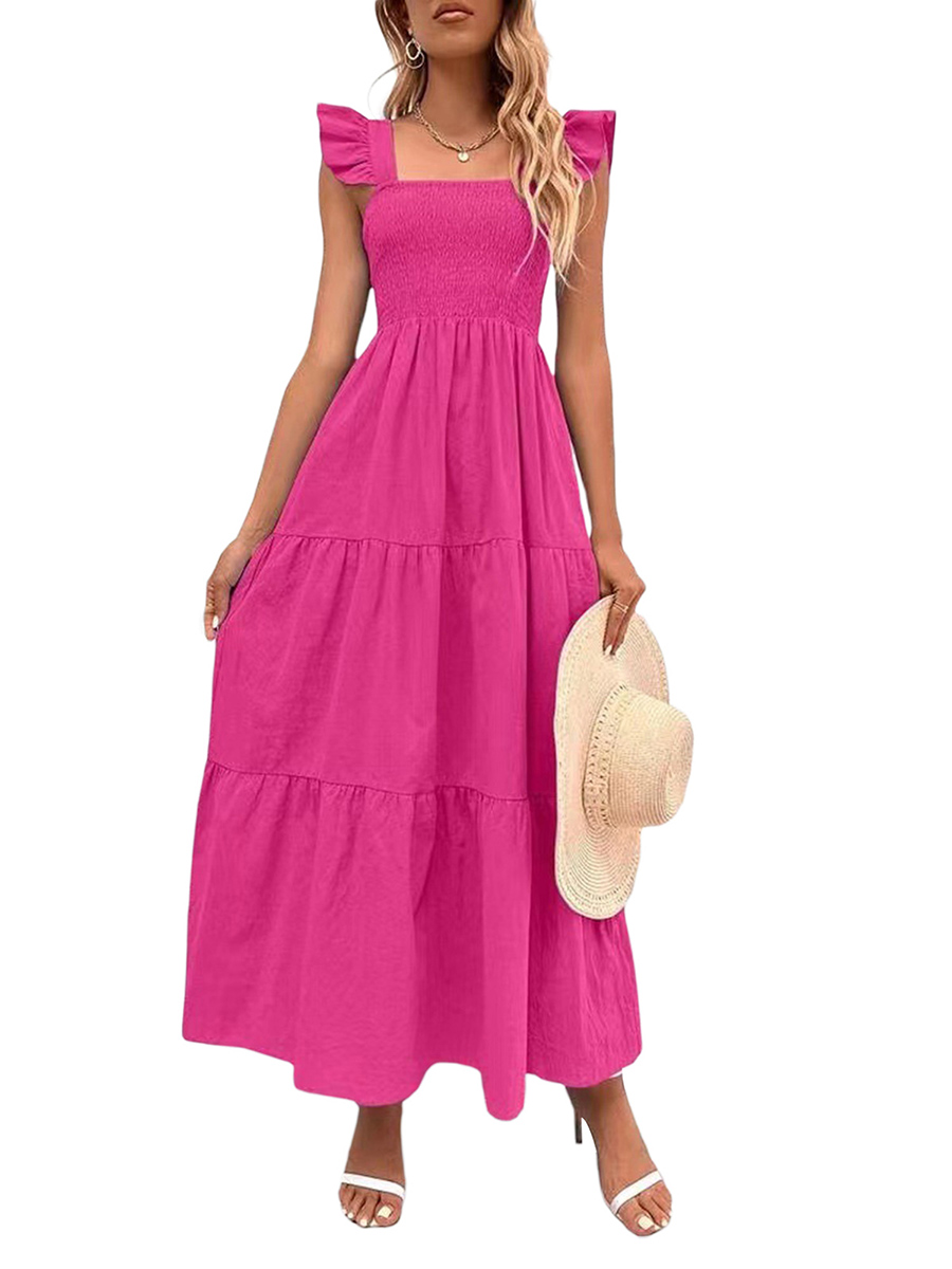 Women Long Dress, Fly Sleeve Square Neck Solid Loose Swing Dress Summer A-line Dress. 