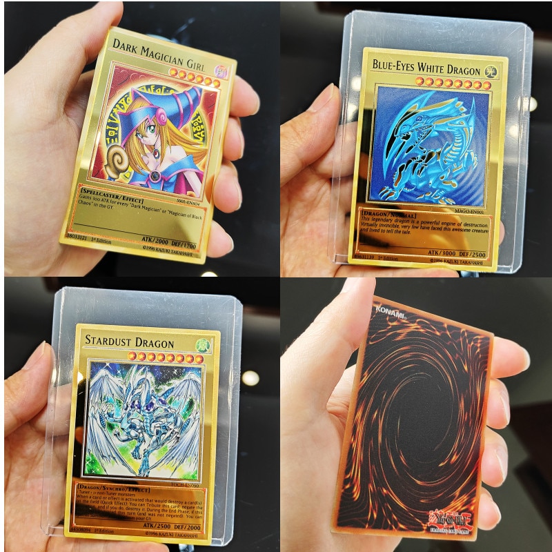 【Hannah Martin Official Store】Yugioh Iron Cards with Yu Gi Anime Cards Blue Eyes Dark Magicial Obelisk Slifer Ra Yu Gi Oh Pokemon Gold Letters. 