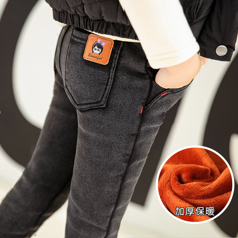 Girls' Winter Leggings Fleece-Lined Thickened Winter Wear Trousers Children's Wear Imitation Denim Pencil Warm Pants. 