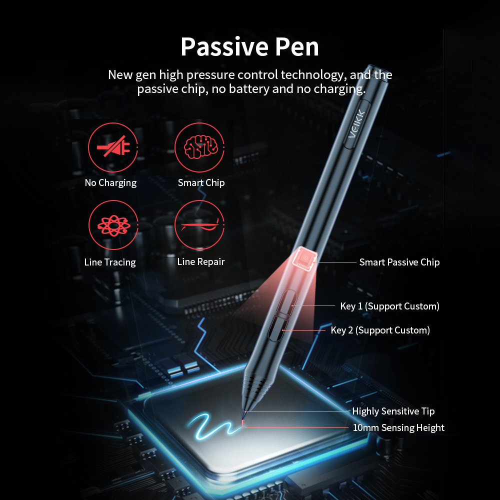 HXSJ Veikk A15Pro Di-Gital Drawing Tablet 10X6 Inch Active Area Graphic Tablet 5080Lpi Resolution Type-C With Charge-F-Ree Passive Pen Red. 