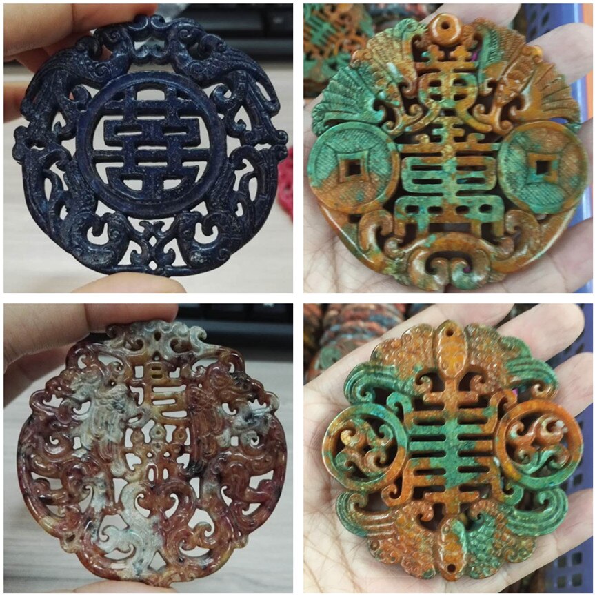 Classical Craved Traditional Chinese Ancient Vintage Pattern Green Gem Stone Charm DIY Pendant Necklace DIY For Women Men Unisex. 