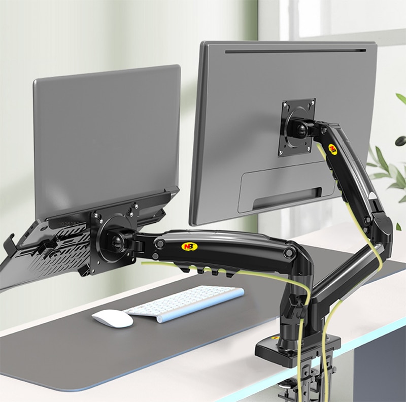 Desktop NB F160 + FP-2 Gas Spring Dual Arm for 17-27 Monitor Holder + 10-17 Laptop Support Air Press Mount Stand Load 2-9kg. 