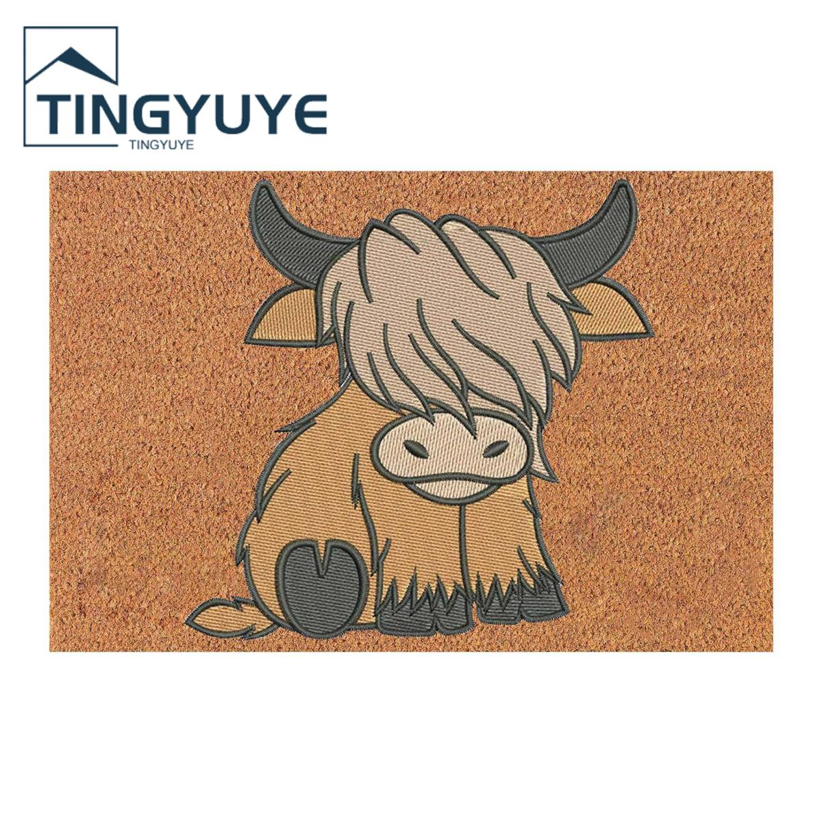 Door Mat Non-Slip Dirt-resistant Decorative Polyester Highland Cow Entrance Door Rug Bedroom Supply