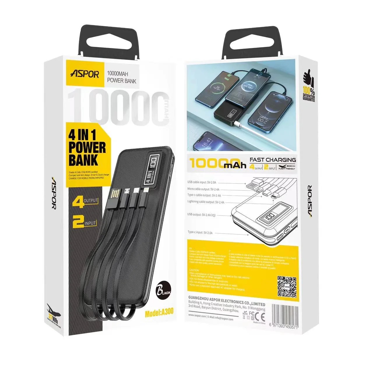 Aspor 10000mAh 4 in 1 Power Bank A300 Built-in Micro/Type-C/Lightning/USB 4 in 1 Cables Portable Charger. 